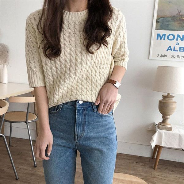 

vintage pullovers feminine twisted half sleeved sweater gentle retro elegant women simple chic knitted basic sweater drop shipping, White;black