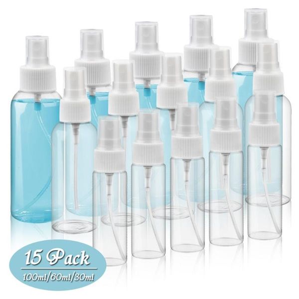 

storage bottles & jars 15 pack 30ml/50ml/100ml fine mist mini clear spray with pump cap, refillable reusable empty plastic travel