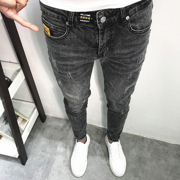 Venda quente 2021 Calças Preto e Cinzento Primavera Masculino Coreano Streetwear Estique Adolescente Homem Jeans Slim Fit Lápis Calças Homens