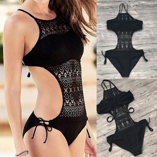 

bikinis set women casual o-neck sleeveless solid hollow wire beach, swimming pool one-piece bikini swimwear summer1