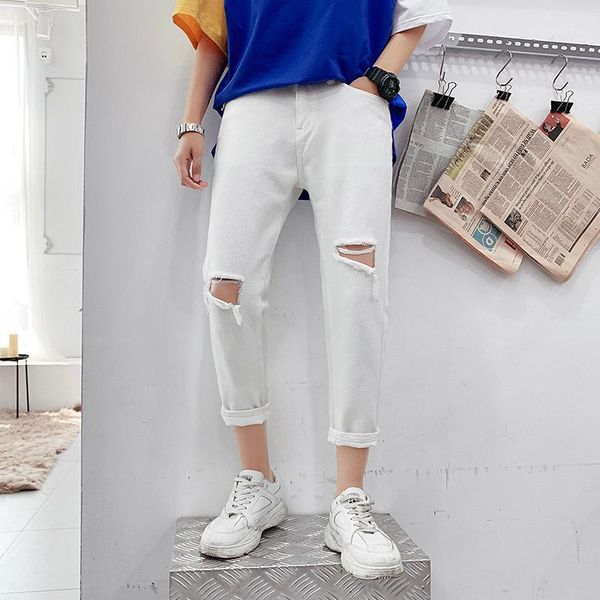 

men's jeans black white ripped men's fashion washed casual straight men streetwear loose hip hop denim pants mens 27-381, Blue