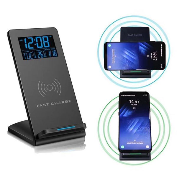 

electronic led deskqi fast wireless charger charging mobile phone holder with digital alarm clock time temperature display