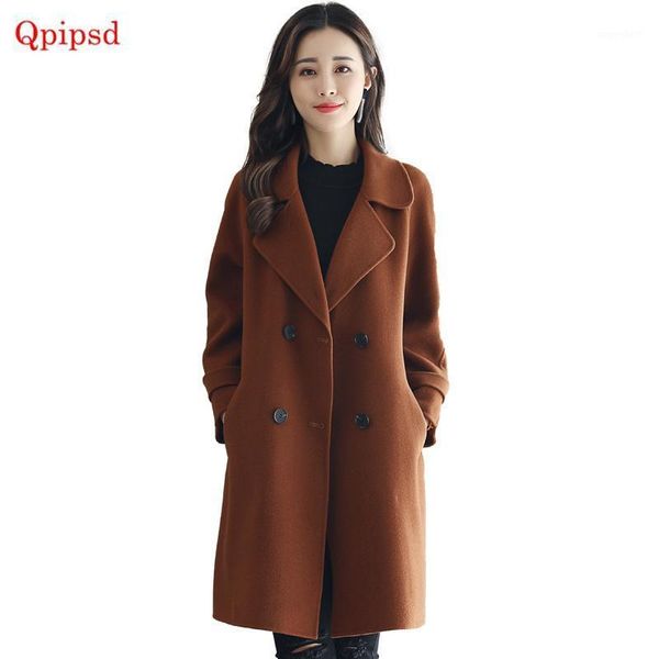 

medium long double-breasted wool coat 2020 winter fashion women coat long sleeve loose super warm woolen women1, Black