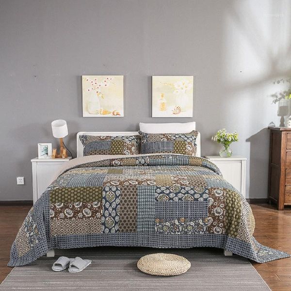 

vintage patchwork cotton quilt sets 3pcs handmade bedspreads quilts with 2*pillowcase king size coverlet set blanket chausub1