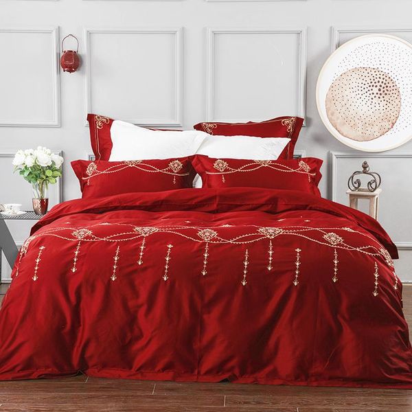 

bedding sets luxury egyptian cotton gules color  king size set oriental embroidery duvet cover bed pillowcases sheet