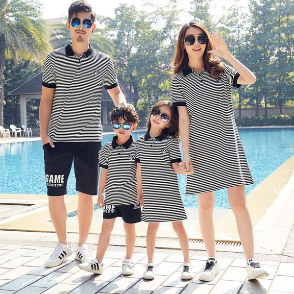 

family matching outfits 2021 summer cotton striped mother and daughter dress father son t shirts looking clothes, Blue