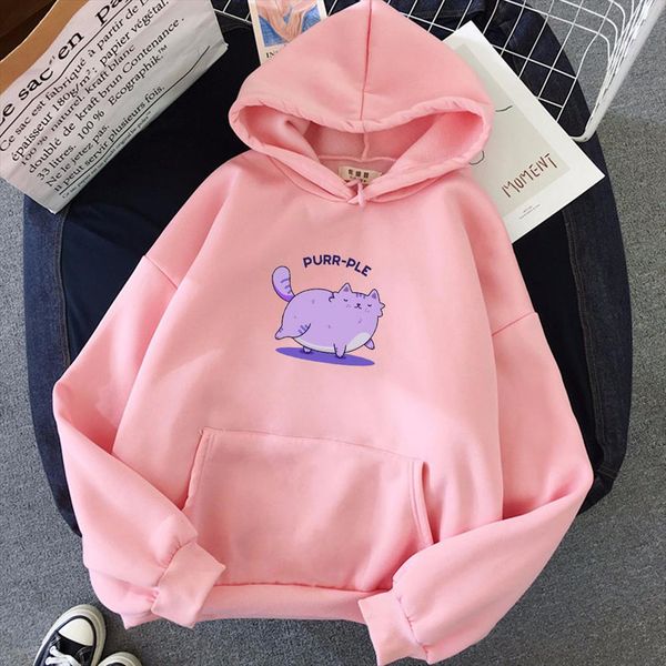 

purple pink brand tracksuits femme casual 2020 kawaii cat print hoodies women fleece cute autumn winter sweatshirt pullovers, Black