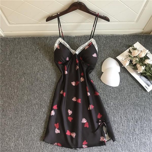 

lace nightdress satin silk women sleepwear ladies lingerie sleepdress babydoll nightgown love pattern homewear underwear1, Black;red