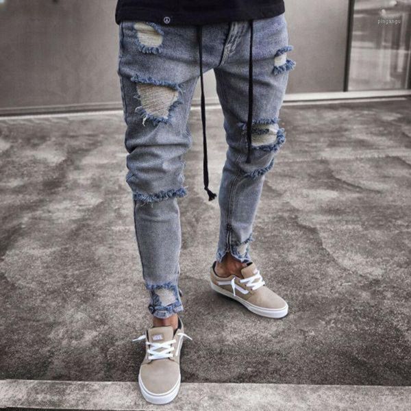 

fashion men jeans trousers man ripped biker jeans frayed pants casual slim fit jogger denim trousers1, Blue