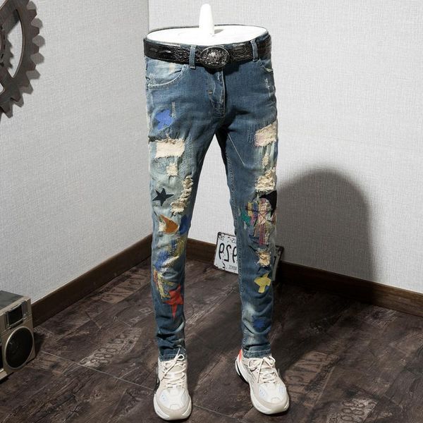 

autumn man hole jeans personality printing male trend directly cuffless elastic force leisure time pants trousers1, Blue