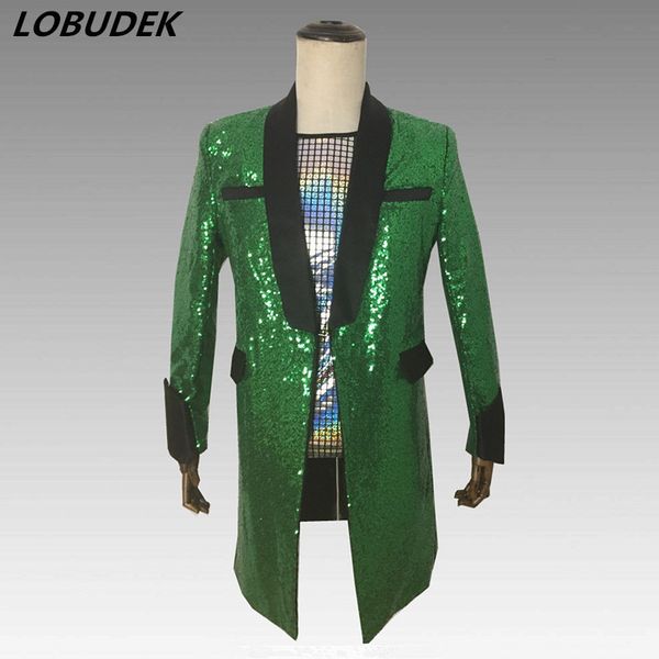 

shining green sequins long suit jacket slim blazers men singer stage clothing bar dj male costume show host mid-length coats 201106, White;black