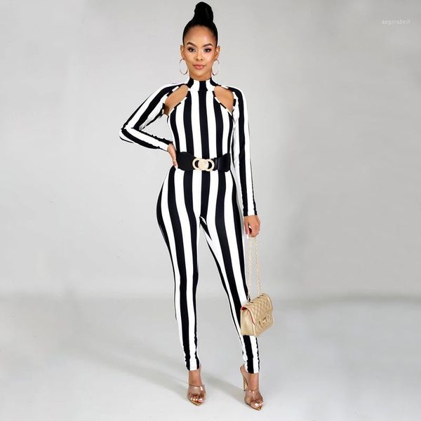 

3 colors trendy women long sleeve turtle neck stripe bodycon jumpsuit female slim arrival casual playsuits clubwear outfits1, Black;white