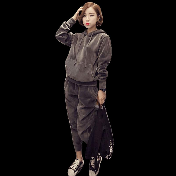 

womens costumes plus size gold velvet sports suit 2021 fashion autumn and winter plus velvet casual sweater 2 piece set women, Gray
