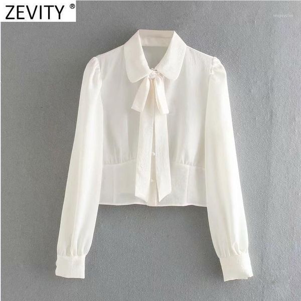 

zevity new 2020 women fashion bow decoration solid casual short blouse office ladies pearl button shirt chic chemise ls73831, White