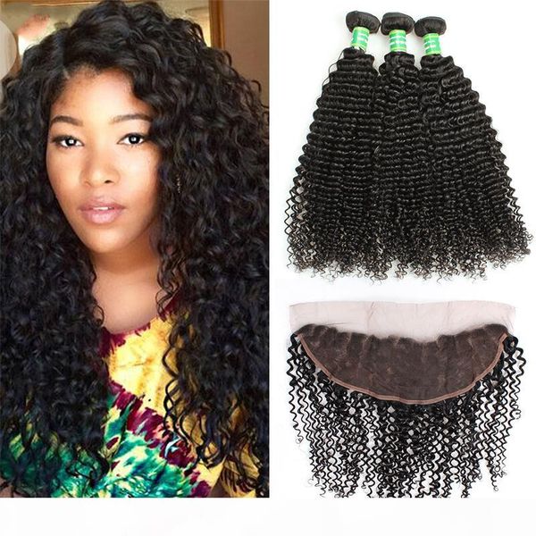 

malaysian kinky curly with closure human hair bundles with 13x4 ear to ear lace frontal closure 8a hair with closure hair bundles, Black