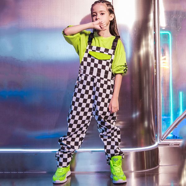 

children jazz dance costume hip hop girls cropped checked overalls performance outfit ballroom dress kids stage clothes bib suit, Black;red