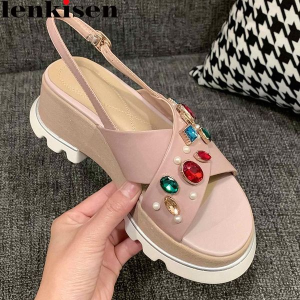

dress shoes lenkisen cow leather diamond pearl colorful peep toe thick bottom wedges high heels buckle straps slip on sandals women l7f1, Black
