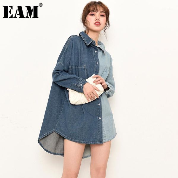 

eam] women blue denim contrast color big size long blouse new lapel long sleeve loose shirt fashion spring autumn 2020 ma70501, White