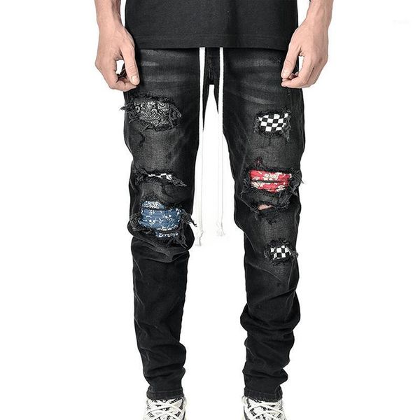 

men's jeans men skinny ripped grid patchwork stretch slim fit denim pants elastic hip-hop jogging pencil 2021 men's clothing1, Blue
