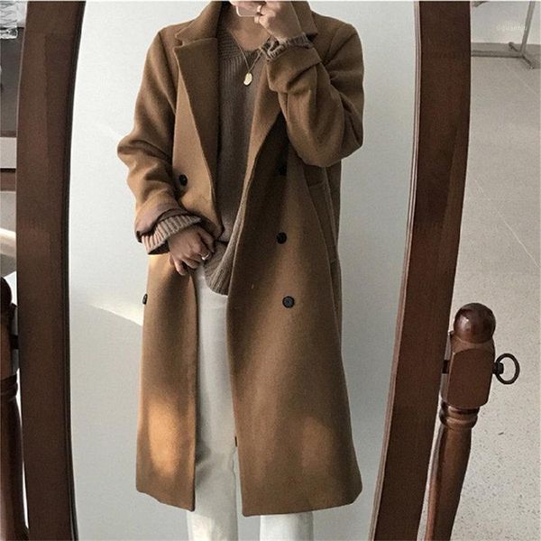 

u-swear women fashion woolen streetwear 2020 spring warm new solid long female all match overcoat plus size1, Black