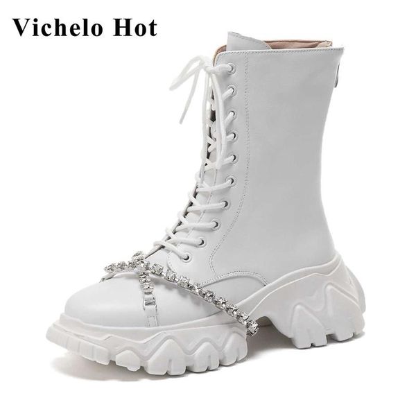 

boots vichelo genuine leather round toe thick bottom winter shoes cross-tied rhinestone decoration lace up mid-calf l77, Black