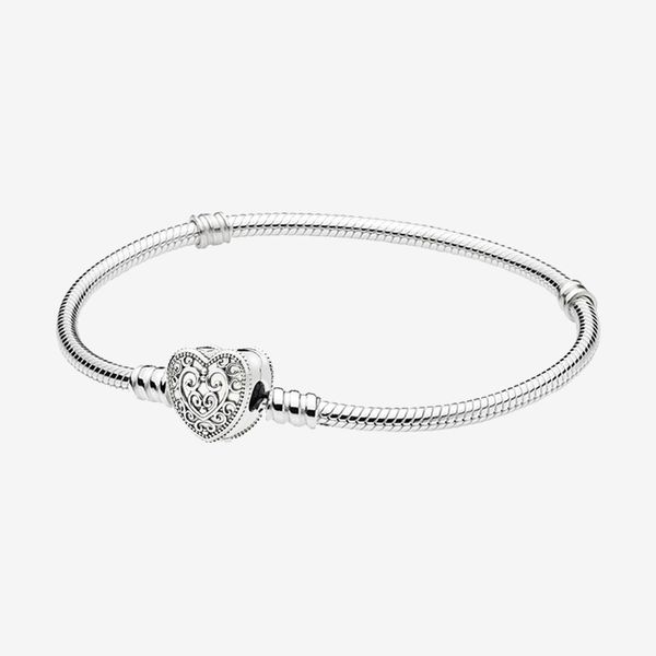 

925 sterling silver pan bracelet heart shaped texture bracelet fit european charm bracelets women jewelry, Black