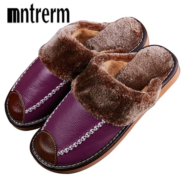 

mntrerm ladies genuine leather home indoor non-slip thermal woman new warm winter slippers couple y200706, Black