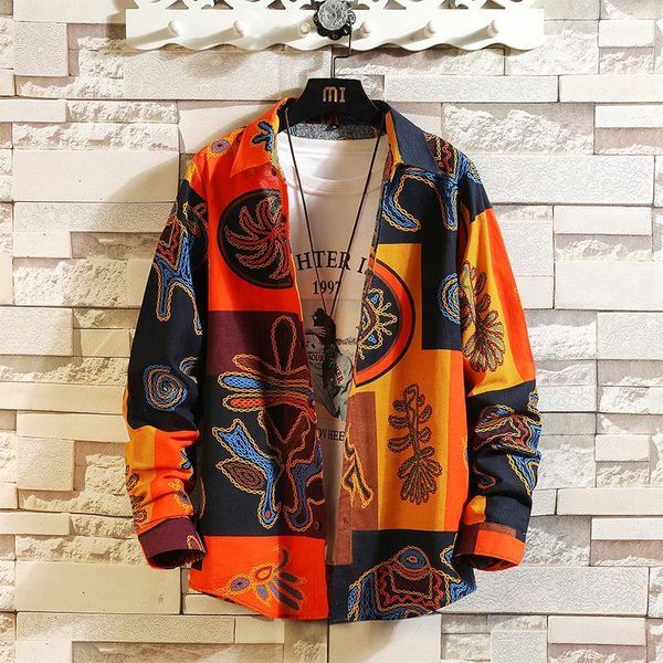 

2020 spring and summer new men's cotton shirt lapel loose casual printed long-sleeved shirt fashion trend 14 colors s-4xl1, White;black