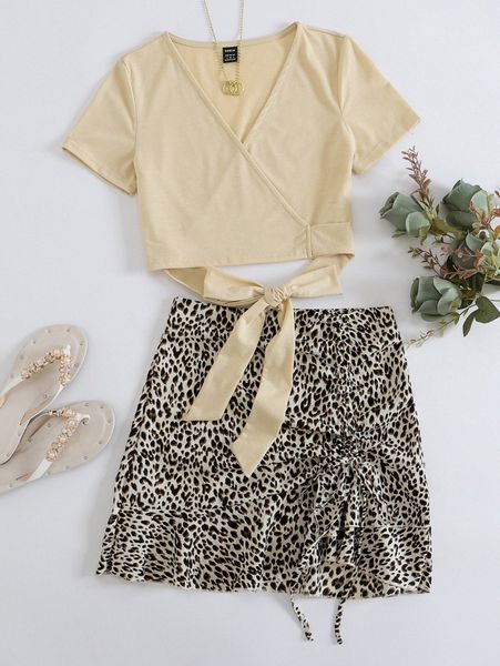 

wrap tie back & allover print ruffle hem skirt set g0u7#, White