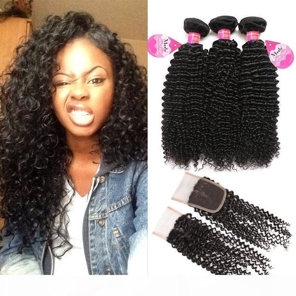 

mink hair 8a kinky curly hair with closure virgin mink brazilian peruvian indian malaysian hair weave bundles with lace closure wholesale, Black
