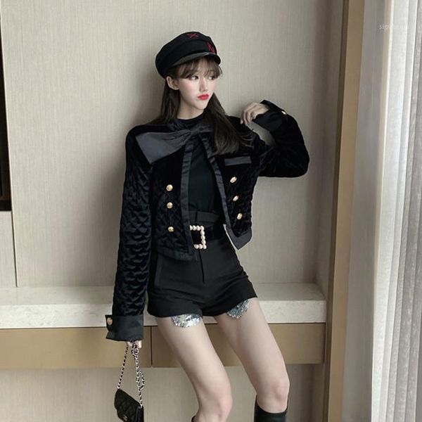 

french women's fashion retro diamond lattice velvet bow cotton liner jacket coats women1, Black;brown