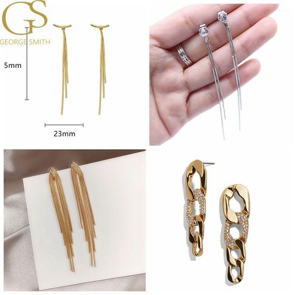 

stud gs metal shiny long chain earrings bling rhinestone romantic ear pins piercing for women fashion jewelry, Golden;silver