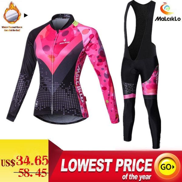 

malciklo 2020 winter cycling jersey long sleeve thermal fleece invierno mujer women cycling clothing + bib pants sets1, Black;blue
