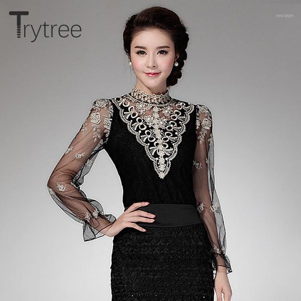 

trytree 2019 spring summer women blouse casual embroidery and beading polyester stand collar mesh flare sleeve shirt shirts1, White