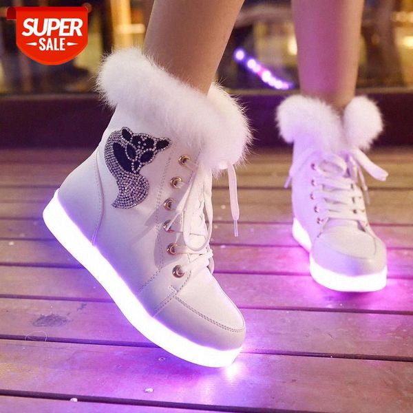 

2018 fleece snow boots women ubs led light shoes casual rabbit hair ankle boots shoes winter warm ladies flat mujer #ao73, Black