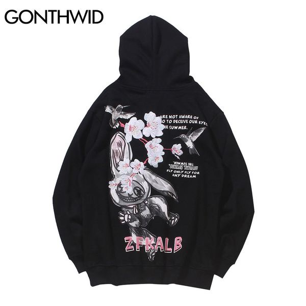 

embroidery cherry blossoms flowers birds graffiti rabbit print sweatshirts streetwear harajuku casual pullover hoodies, Black