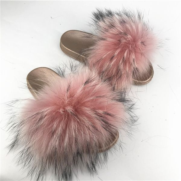 

real red raccoon fur sandals women slides fox hair flat fluffy fashion home summer big size natural furry flip flops shoes t200411, Black