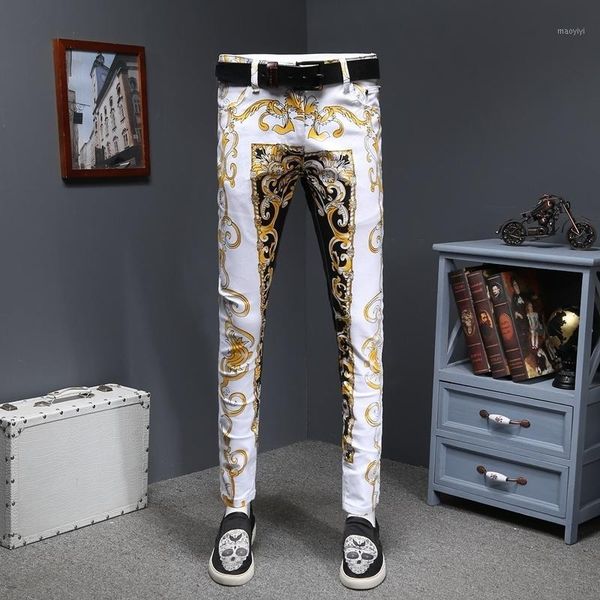 

luxury print jean homme slim designer jeans skinny fit gold denims pant men erkek kot pantolon1, Blue