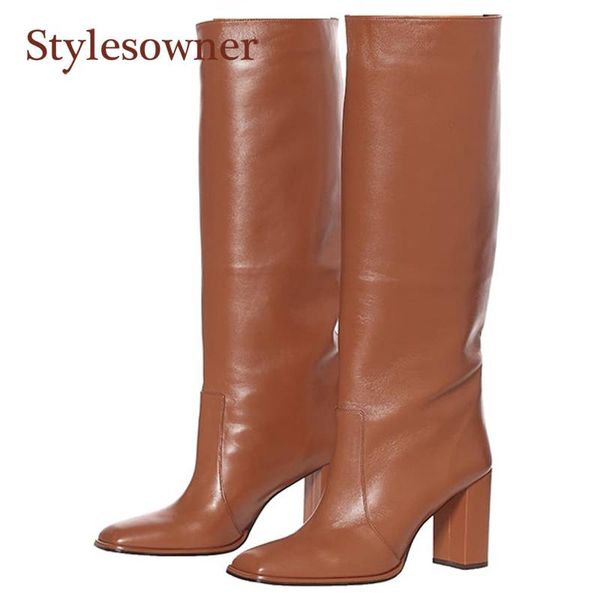 

boots genuine leather knee-high motorcycle woman square-toe super-high-heels thick-heels temperament shoes winter autumn, Black