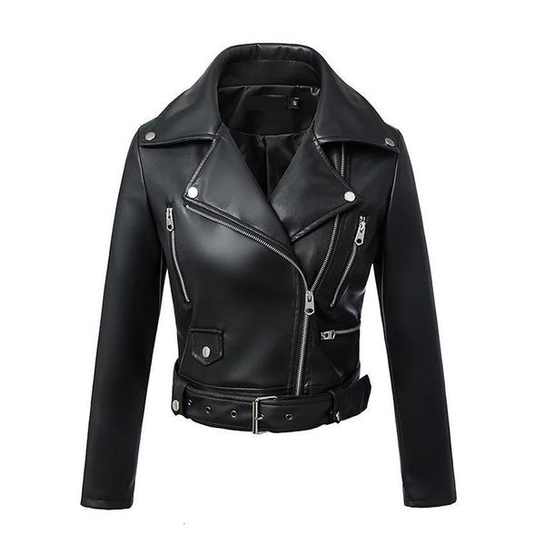 

new autumn women pu leather jacket woman zipper belt short coat female black punk bomber faux leather outerwear