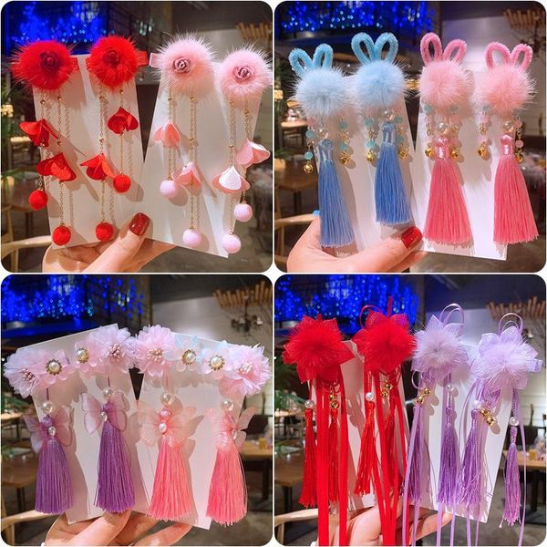 

chinese style retro tassel hairpins for girls new year accessories red color clips china clothing hanfu hairwear, Slivery;white