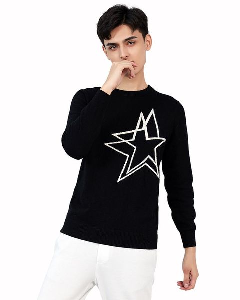 

zhili men's 100% cashmere knit five-pointed star crewneck sweater, White;black
