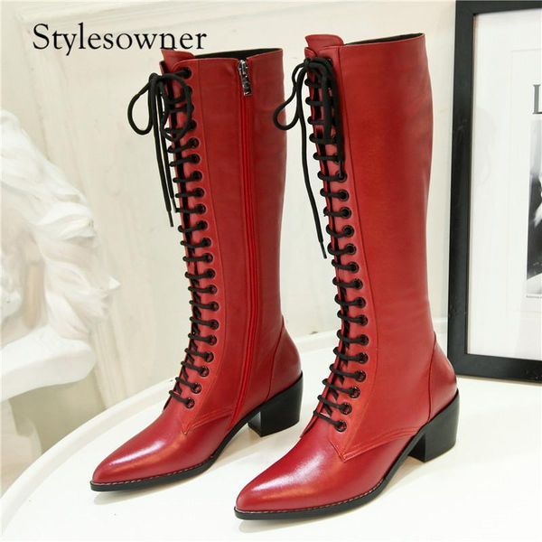 

stylesowner rome style selling genuine leather long boots pointed toe comfort lace-up long boots with plush1, Black