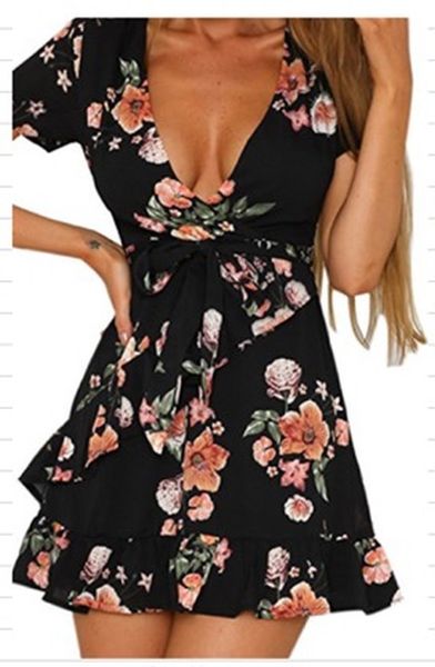 

short sleeved women deep v-neck elegant printed flower spring summer ladies casual fashionable, Black;gray