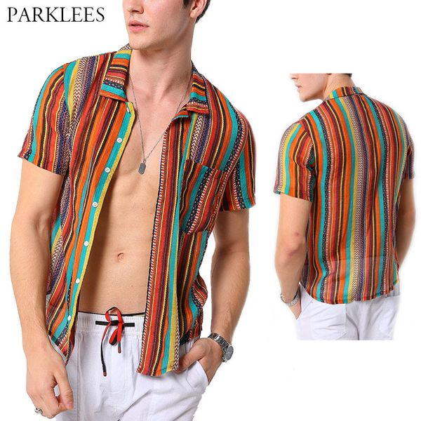 

summer casual men shirts linen colorful stripe shirts men dress fashion retro holiday plus size mens short shirt chemise homme 1022, White;black