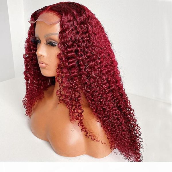 

kinky curly 99j human hair 180density lace front wigs for africa american women burgundy red full lace wigs brazilian remy hair, Black