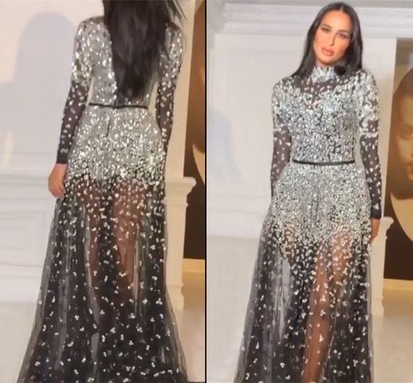 

latest design black high collar evening dress 2021 long sleeves sequined beading luxury prom formal party wear pageant gown, Black;red