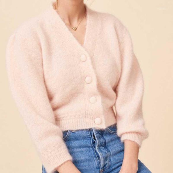 

2020 spring crop sweater women vintage sweater long sleeve button up crop cardigan kawaii knitted v neck pink1, White