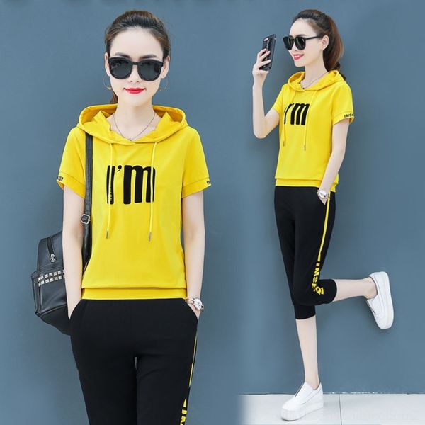 

hlg2d 2020 new fashion casual women's suit summer western style short sportswear summer sleeve sportswear capri pants two-piece suit yx, Gray