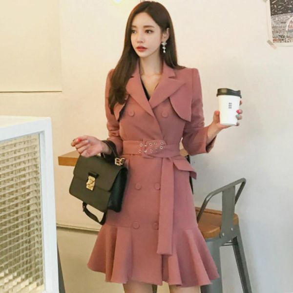 

2020 autumn double breasted notched blazer sashes bodycon fishtail full sleeve solid office lady work outerwear long coat, White;black